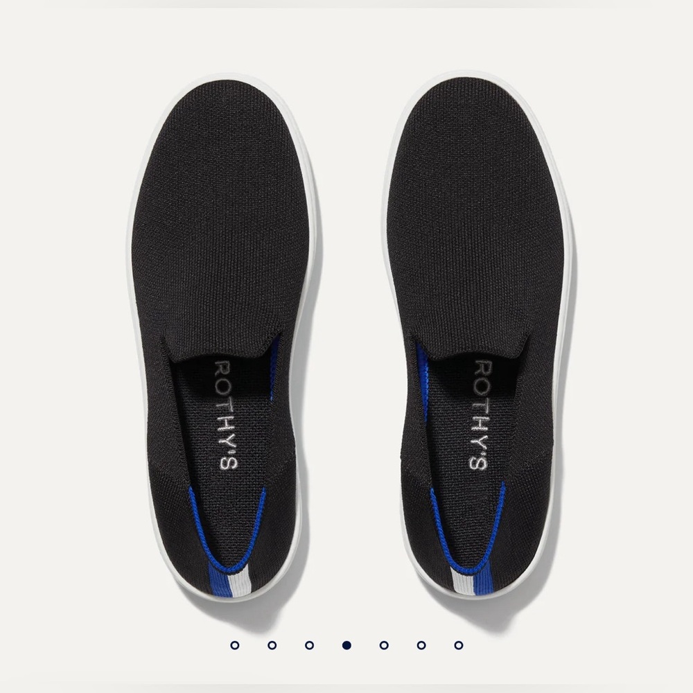 Rothy's Black Slip-On Sneakers with Blue & White Accents